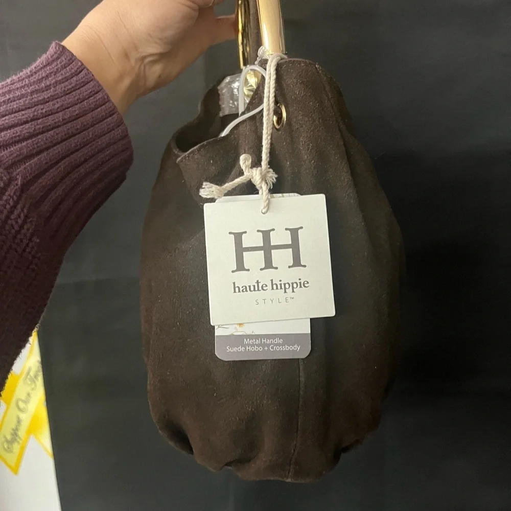 NWT Haute Hippie Dark Brown Suede Shoulder Bag with Gold Handle